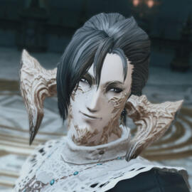 A smiling raen male Au'ra. He has black hair, pale skin, freckles, and is wearing the heirloom top of casting in black with round glasses.